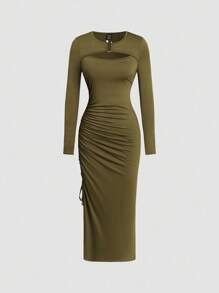 Celisse 女式夏季针织弹力修身长袖二合一 U 领装饰纽扣抽绳腰部褶皱开叉拼接设计优雅休闲长裙