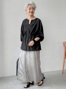 FRIFUL 女士宽松 V 领灯笼袖雪纺腰收腰休闲纯色长袖衬衫，秋季舒适 - 黑色 - 查看 4