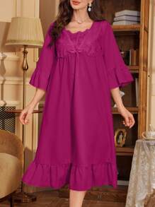 Women's 3D Embroidery 2 In 1 V-Neck 3/4 Sleeve Ruffle Hem Nightgown, Moo Moo, Fall, Winter