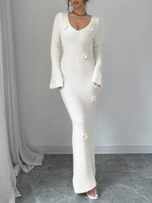 SHEIN Tall 女式深V领喇叭袖3D花卉针织连衣裙，复古斯德哥尔摩风格，优雅百搭，适合音乐会、节日、教师节 - 杏色 - 查看 4