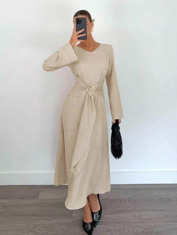 Siren Gaze Women's Solid Color V-Neck Long Sleeve Waist Ruched Elegant Dress,Homecoming Dress , Autumn Dress ,Fall Dresses For Women,Back To School,Country Concert Outfit , Business Casual Woman, Teacher Outfits For Women,Date Night Outfits Women ,Birthday Outfit ,Brunch Outfits For Women,Western Women Wear ,Business Casual Woman,Homecoming Dress,Elegant Dresses For Women Winter Party Evening Dress Spring