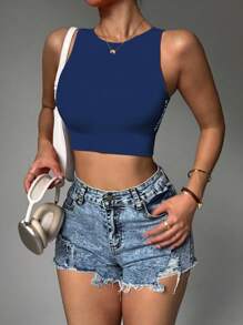 SHEIN Yoga Trendy 罗纹针织短款运动吊带上衣修身衬衫运动背心 - 藏蓝色 - 查看 3