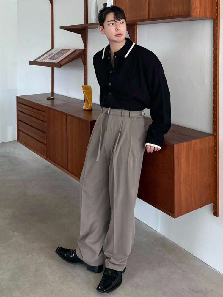 Men's Solid Khaki Commuter Suit Pants, Autumn