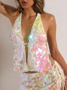 Opulessa Áo hở lưng hở lưng đính sequin dệt trơn màu cho nữ khi trở lại trường, Y2K, trang phục công sở thường ngày cho nữ, hòa nhạc đồng quê, kín đáo, cơ bản, khách dự tiệc cưới cho nữ, sinh nhật cho nữ, đêm hẹn hò cho nữ, giáo viên cho nữ, câu lạc bộ gợi cảm cho nữ, trang phục Halloween - Hồng - Xem 4
