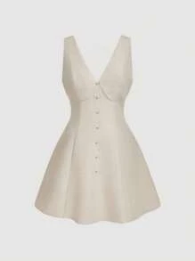 SHEIN MOD Plus Size Women Elegant White Linen V-Neck Dress,Sleeveless Button Detail Waist Cinched Summer Tea Party Dress,Wimbledon Style Homecoming Outfit - Apricot - View 5