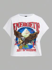 SHEIN EZwear Plus Size Knit Short Sleeve T-Shirt With Eagle & Letter Print - White - View 1