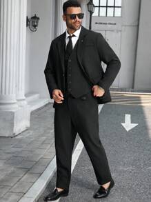 Manfinity Mode Conjunto de traje de blazer, chaleco y pantalones de unicolor para hombres de talla grande, formal, para ceremonia - Negro - Ver 4