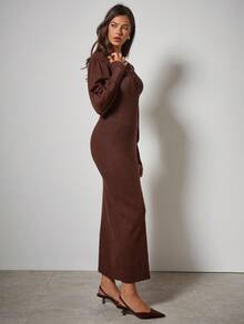COSMINA 秋冬女士纯色纽扣半襟长袖修身针织连衣裙 - 咖啡棕 - 查看 5