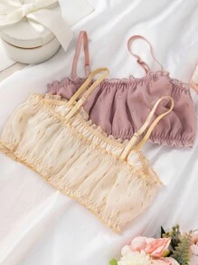 2 件装女童青春期前甜美紫色和杏色组合褶边吊带背心（无衬垫） - 彩色 - 查看 2