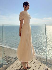 Aloruh 女式飘逸雪纺 A 字形荷叶边低胸连衣裙，杏色，春夏