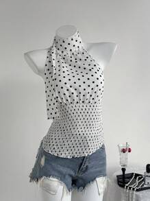 Elamini 黑白圆点露背收腰吊带上衣，优雅度假海滩甜美可爱休闲约会百搭女士夏季 - 白色 - 查看 3