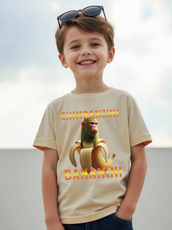 Camiseta casual com estampa de macaco e banana para meninos, gola redonda