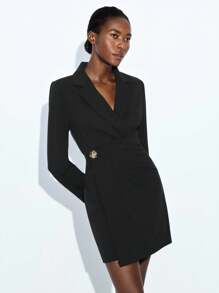 Maija 女士优雅纯色裹身迷你连衣裙，适合通勤黑色西装外套连衣裙燕尾服连衣裙女士西装连衣裙黑色长袖连衣裙女士黑色连衣裙商务休闲女士黑色礼服女士外出连衣裙教师服装商务休闲女士秋季女装秋季服装女士秋装商务休闲女士办公室服装女士工作服女士教师服装教师衬衫教师服装女士秋季服装