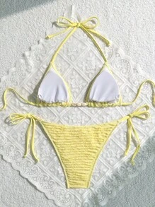 Swim Vcay Women's Solid Color Halter Tie Sexy Bikini Swimwear Set, Summer Beach - Yellow - View 6