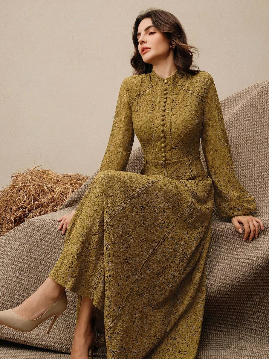 Anewsta Đầm Maxi Ren Tay Dài Màu Đỏ Tía Cho Nữ Trang Phục Nữ - màu xanh lá - Xem 1