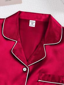 2pcs Girls' Red Solid Color Twill Long Sleeve Top And Pants Pajama Set, Holiday Sleepwear Set Fall Winter - Burgundy - View 3