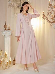 Al Najma Women's V-Neck Long Sleeve Elegant Arabian Dress With Faux Pearl Decor,Modest - Baby Pink - View 3