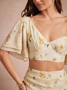 L'Amorae 女式花卉印花不对称荷叶边下摆短袖短款上衣 - 彩色 - 查看 2