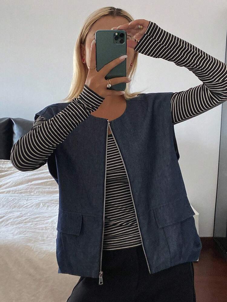 Women's Round Neck Sleeveless Open Front Casual Denim Jacket And Coat