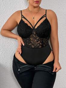 SHEIN PETITE CURVE Plus Size Sexy Contrast Lace Hollow Out Sleeveless Bodysuit, Summer - Black - View 4
