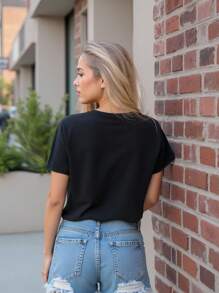 SHEIN MOOSTA Women Slogan Letter Printed Short Sleeve T-Shirt LOS ANGELES Graphic Tees Women Tops