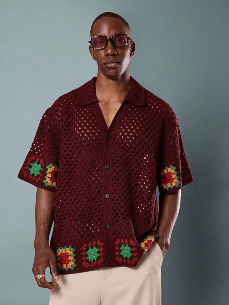 Crochet Knit Top With Granny Square Pattern And Border Detail