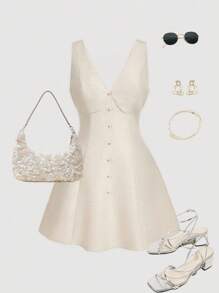 SHEIN MOD Plus Size Women Elegant White Linen V-Neck Dress,Sleeveless Button Detail Waist Cinched Summer Tea Party Dress,Wimbledon Style Homecoming Outfit - Apricot - View 1