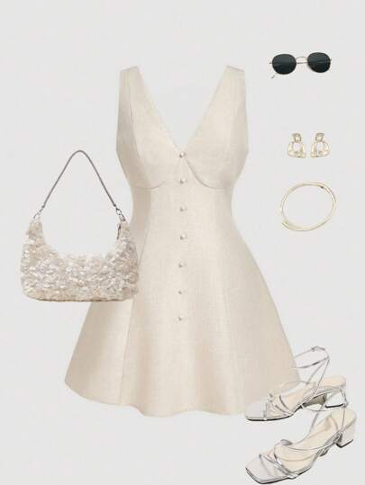 SHEIN MOD Plus Size Women Linen Color Button Detail Sleeveless Waist Cinched Dress, Cream V-Neck Dress. Suitable For Back To School,Early Autumn Dress,Wimbledon Style,Wimbledon Outfit, Homecoming Dress, For Going Out