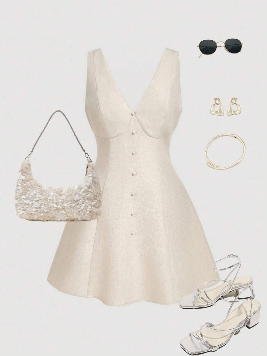 SHEIN MOD Plus Size Women Elegant White Linen V-Neck Dress,Sleeveless Button Detail Waist Cinched Summer Tea Party Dress,Wimbledon Style Homecoming Outfit - Apricot - View 1