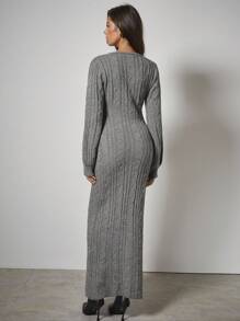 COSMINA Women's Twist Cable Pattern Long Sleeve Single-Breasted Fitted Elegant Knit Dress In Fall/Winter - Apricot - View 2