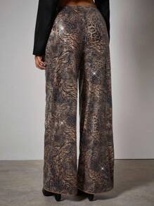 COSMINA 女士优雅亮片刺绣直筒宽松裤 - 咖啡棕 - 查看 3