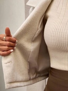 EURMUSE Women's Solid Belted Short Elegant Wool Overcoat - Beige - View 6