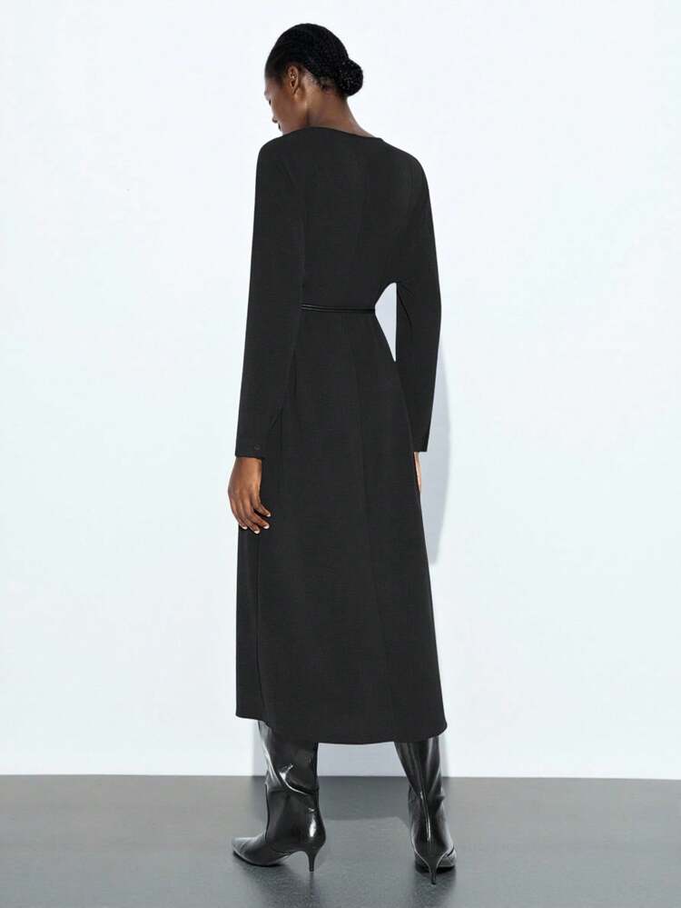 SHEIN Maija Women's Solid Color V-Neck Long Sleeve Casual Long Dress Black Dress Women,Modest Dresses For Women,Fall Women Clothes