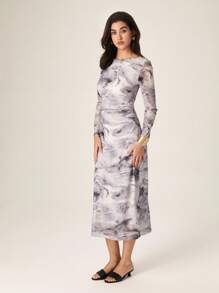 Modelyn French Design Waist Cinching Ink Print Bodycon Maxi Dress Fall Cloth For Women - Grey - View 5