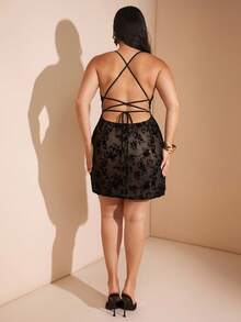 SHEIN BAE 大码女式初秋植绒优雅派对连衣裙 - 黑色 - 查看 3