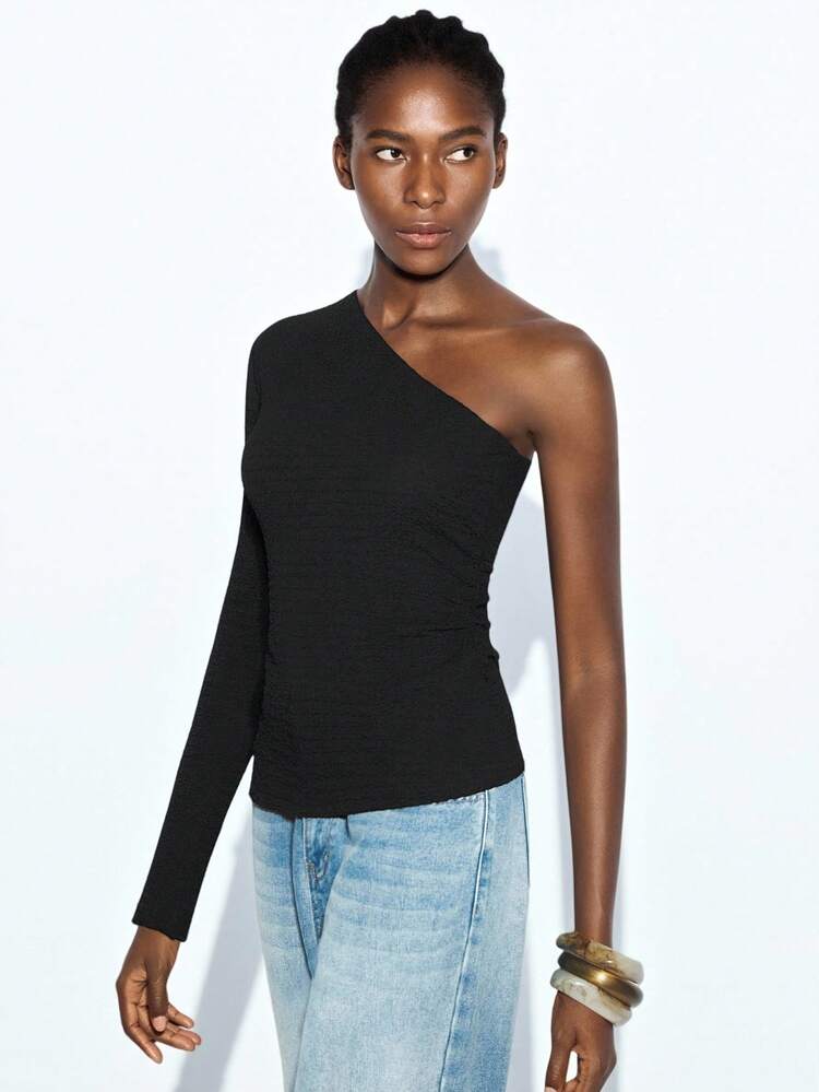 SHEIN Maija Women's Basic Solid Color Asymmetrical Shoulder Fitted Sexy Fashion Autumn Top, Retro Style,Halloween