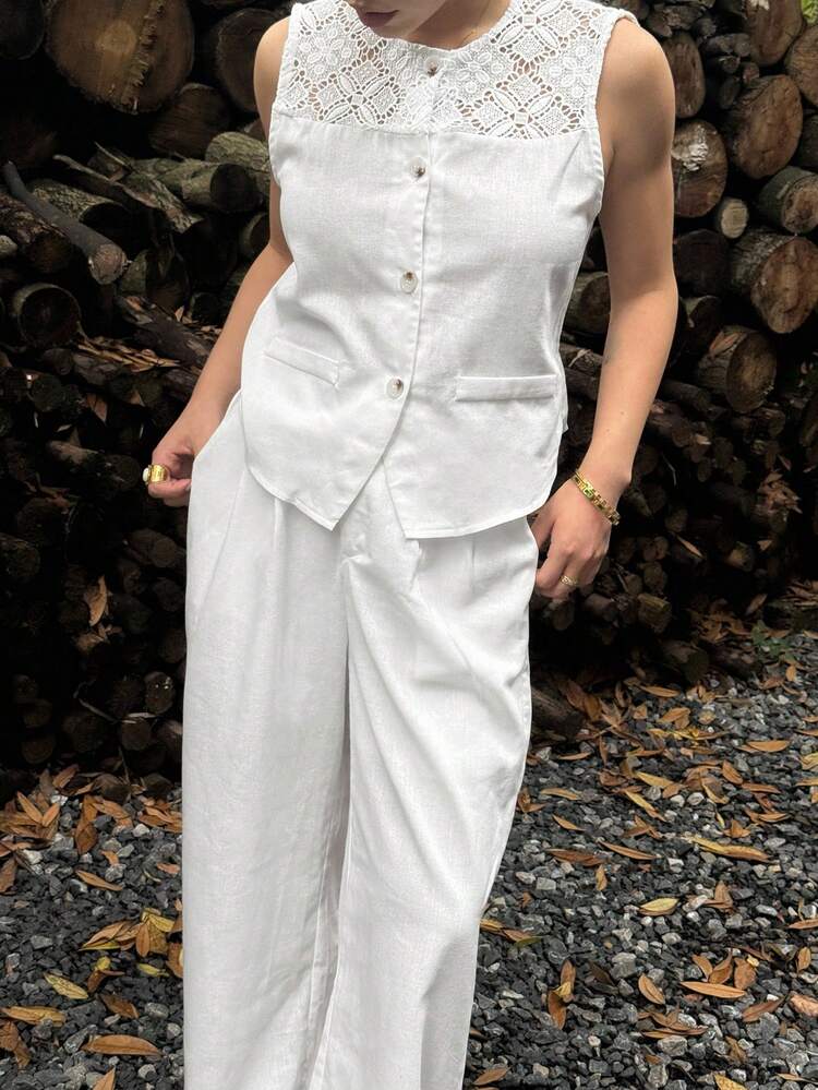 2pcs/Set Women Casual Lace Patchwork Round Neck Vest And Wide Leg Pants