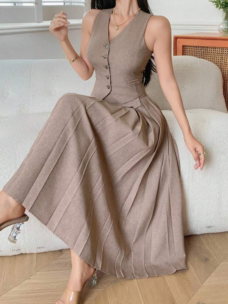 Solid Color V-Neck Tank Top & Pleated Skirt 2 Pieces Set For Women Short Sets For Women
