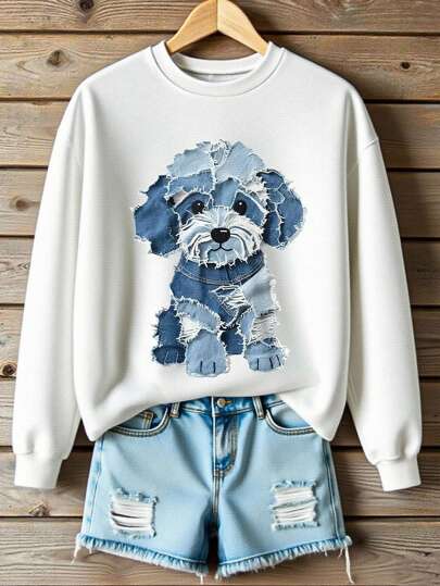 Felpa vintage con grafica di cani in stile patchwork, maglia casual da donna con collo tondo e maniche lunghe, adatta per uso quotidiano