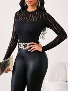 SHEIN Lady Geometric Mesh Stitching Black Slim Fit T-Shirt Is A Fashionable And Versatile Item - Black - View 4