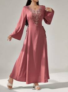 Al Najma 女士刺绣优雅长袖阿拉伯朴素连衣裙 - 粉色 - 查看 4