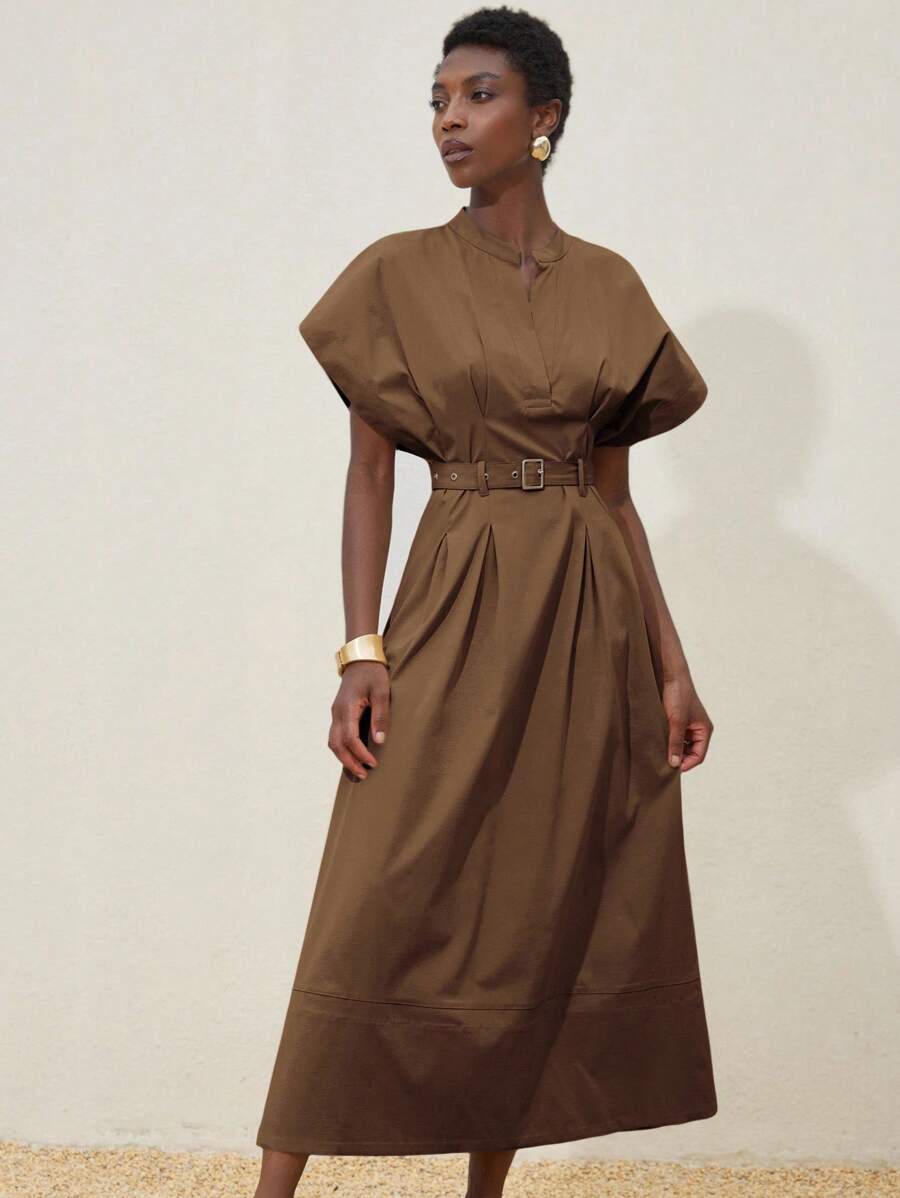 Aveloria Modichic Đầm xòe vai trễ vai cổ chữ V tối giản thanh lịch kèm chân váy xếp ly, thích hợp đi làm và hẹn hò, thiết kế cao cấp, màu trơn - Cà phê - Xem 1