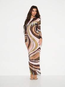 KIZN 复古波浪长袖网眼长裙抽象印花全长晚会秋冬修身及地长礼服