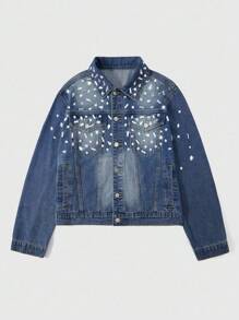 ROMWE MEN Street Life Jaket Denim Lengan Panjang Kancing Depan dengan Hiasan Berlian Imitasi untuk Pria - Biru - View 1
