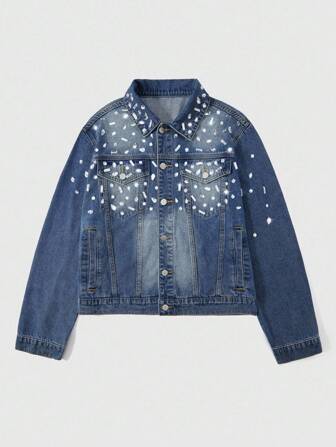 Street Life Chaqueta vaquera de manga larga con botones delanteros y decoración de rhinestones para hombres