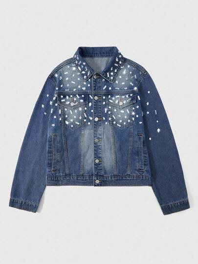 Street Life Giacca di jeans da uomo con decorazione di strass e bottoni frontali a maniche lunghe
