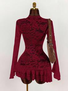 Amplova Deep V Neck Burgundy Mini Dress With All Over Lace And Long Flare Sleeves,Party Dress