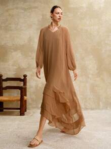 Arave Women's Chiffon Summer Woven New French Fairy Style Lantern Sleeve Long Sleeve Vintage Gentle Niche Casual Resort Commute Long Maxi Dress,Vacation Outfits Women,Birthday Outfits For Women,Elegant Dresses For Women,Boho Dress,Old Money Style Women,Vacation Dresses,Flowy Dress,Fall Dresses For Women,Modest Dresses For Women,Fairycore,Classy Outfits For Women Maillard Style - Brown - View 7
