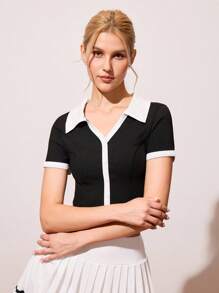 Gameset SHEIN Sport 女式撞色领短袖单排扣短款运动 Polo 衫 - 黑與白 - 查看 4