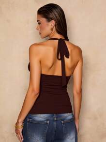 SHEIN BAE 夏季性感蝴蝶结装饰露背吊带上衣，度假装扮女装可爱上衣，短款上衣女装，Y2K服装 - 棕色 - 查看 3